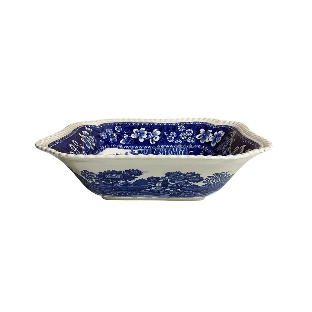 Vintage Spode‎ England Blue Tower Square Serving Bowl Cottagecore Luxury Classic